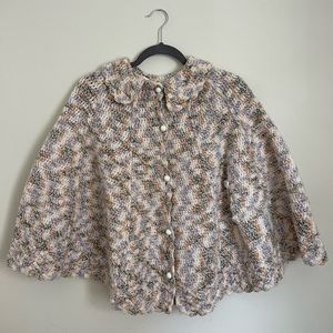 Vintage Handmade Crochet Girls Button-Down Poncho Peach White Gray Size Medium